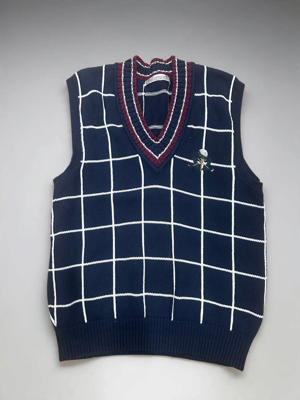 Vintage 90s John Ashford Golf Sweater Vest Navy Windowpane Plaid V Neck